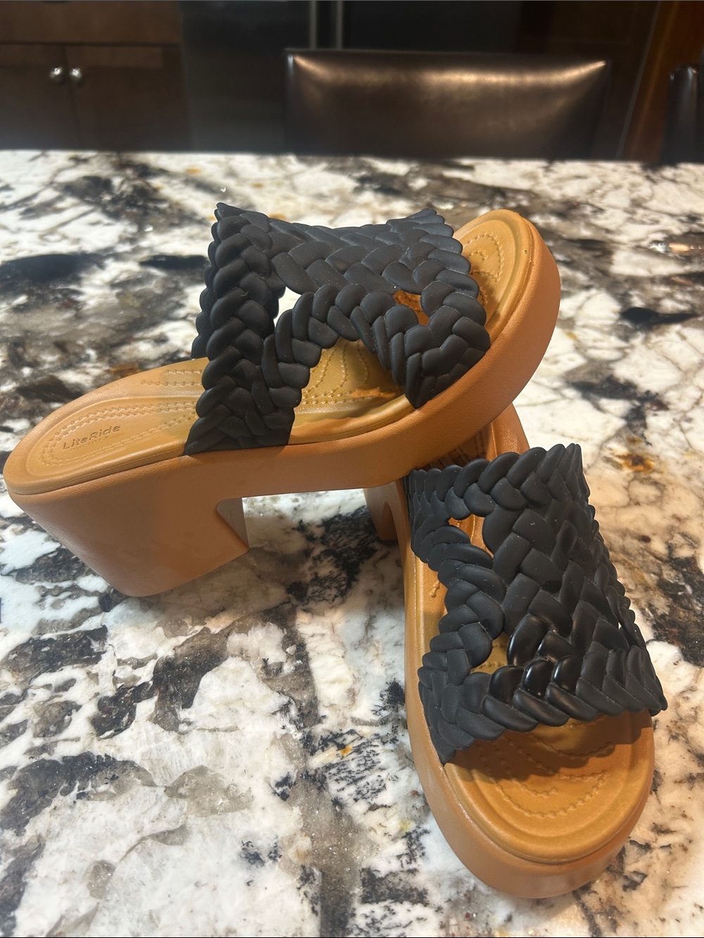 Crocs Platform Slide Heels in Black and Tan size 8